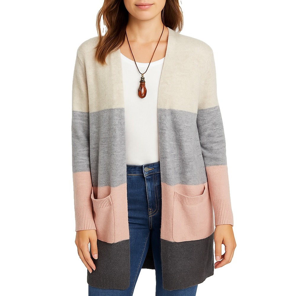 Maurices Colorblock Long‎ Cardigan Womens L Soft Knit Neutral Open Front